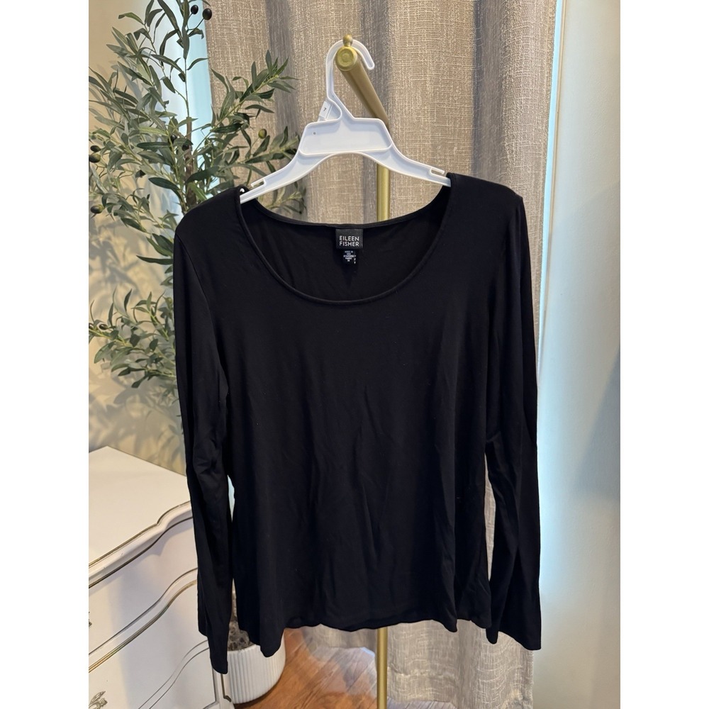 EILEEN FISHER Black Stretch Long Sleeve Scoop Neck Top Women's Sz Medium USA